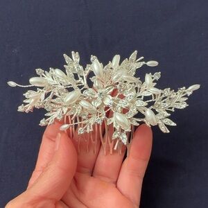 Silver and White Floral Hair Accessory with Crystal Accents